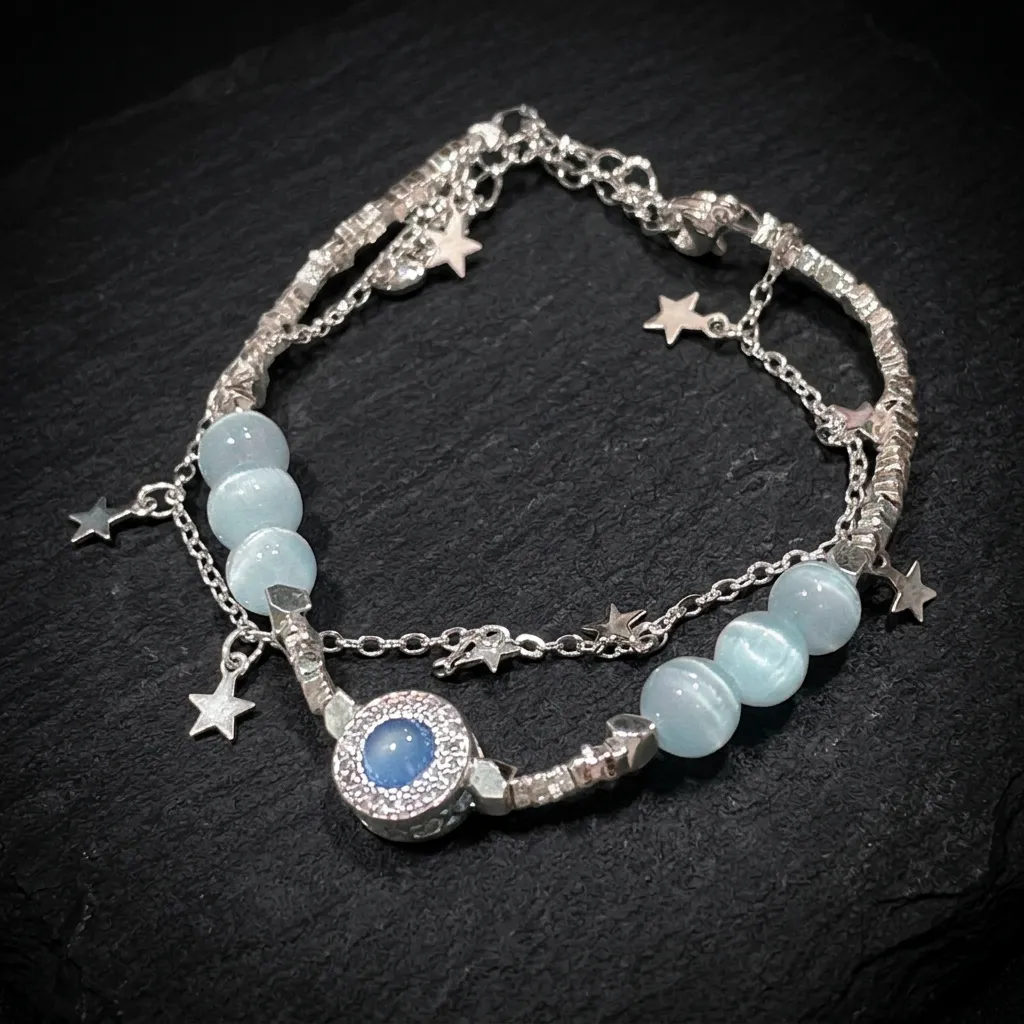 Celestial Serenity Layered Bracelet - Aquamarine Hue & Star Charms Celestial Blue Cat's Eye