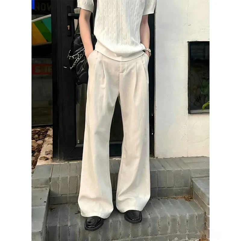 Men Double Pleat Linen Texture Floor Length Wide Leg Pants