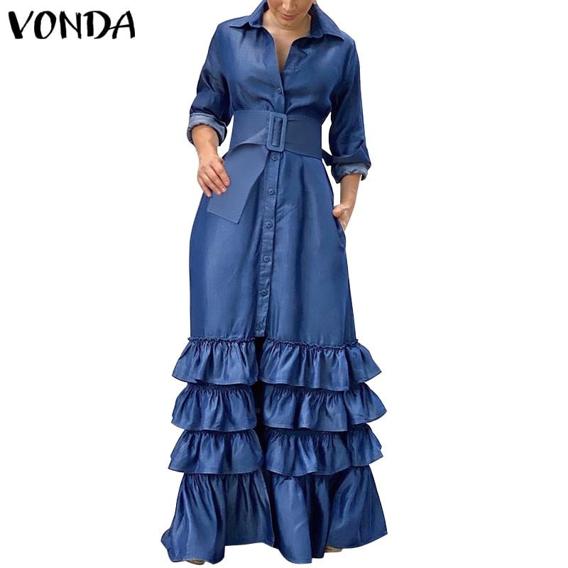Women Party Maxi Dress 2022 VONDA Spring Holiday Dress Casual Vintage Long Sleeve Lapel Button Down Ruffled Vestidos Robe Femme