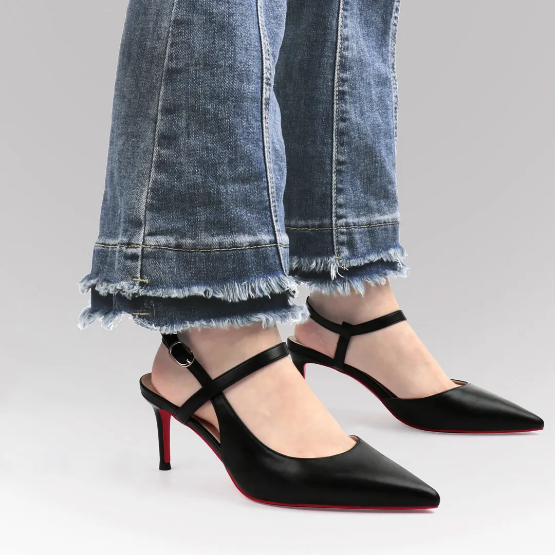 65mm Women Slingback Pumps Ankle Strap Jenlove Stiletto Pointed Toe Dress Red Bottoms Matte Heels Shoes-vocosishoes