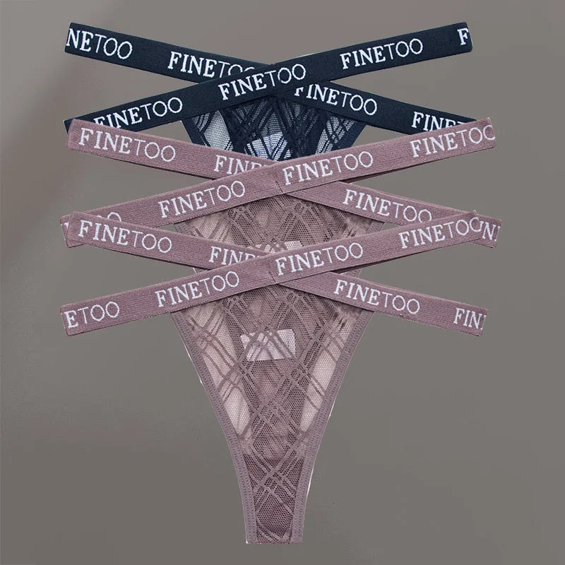 FINETOO 3PCS/Set Women's Letter Lace Mesh G-string Sexy Cross Strap Panties Midi Waist Underwear Thongs Femme Hollow Out Panties