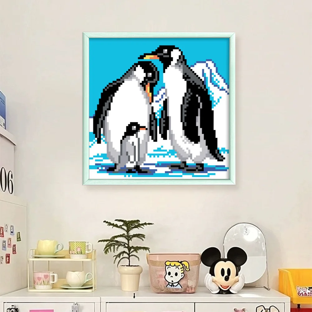 9CT Full Stamped Cross Stitch Bead Embroidery - Penguins(Canvas|20*20CM)