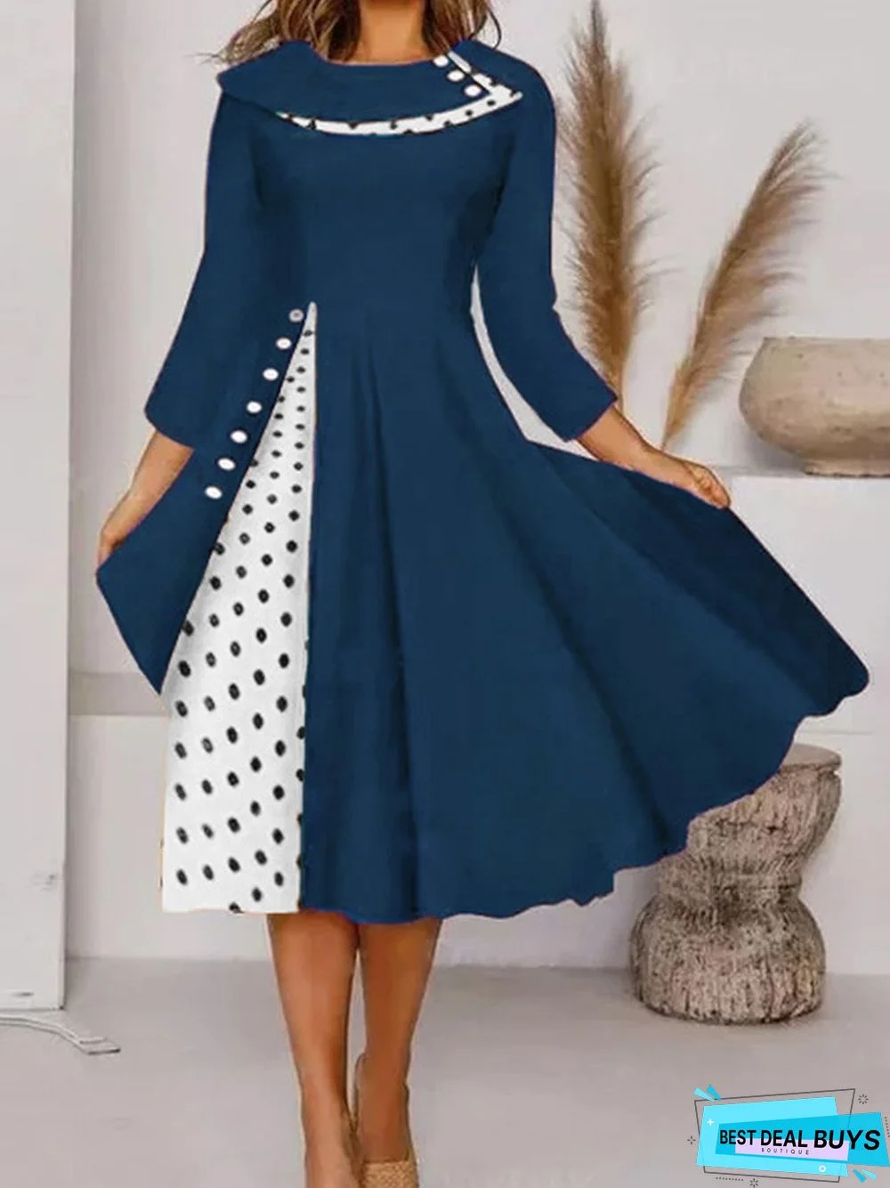 A-Line Casual 3/4 Sleeve Bateau/Boat Neck Knitting Dress