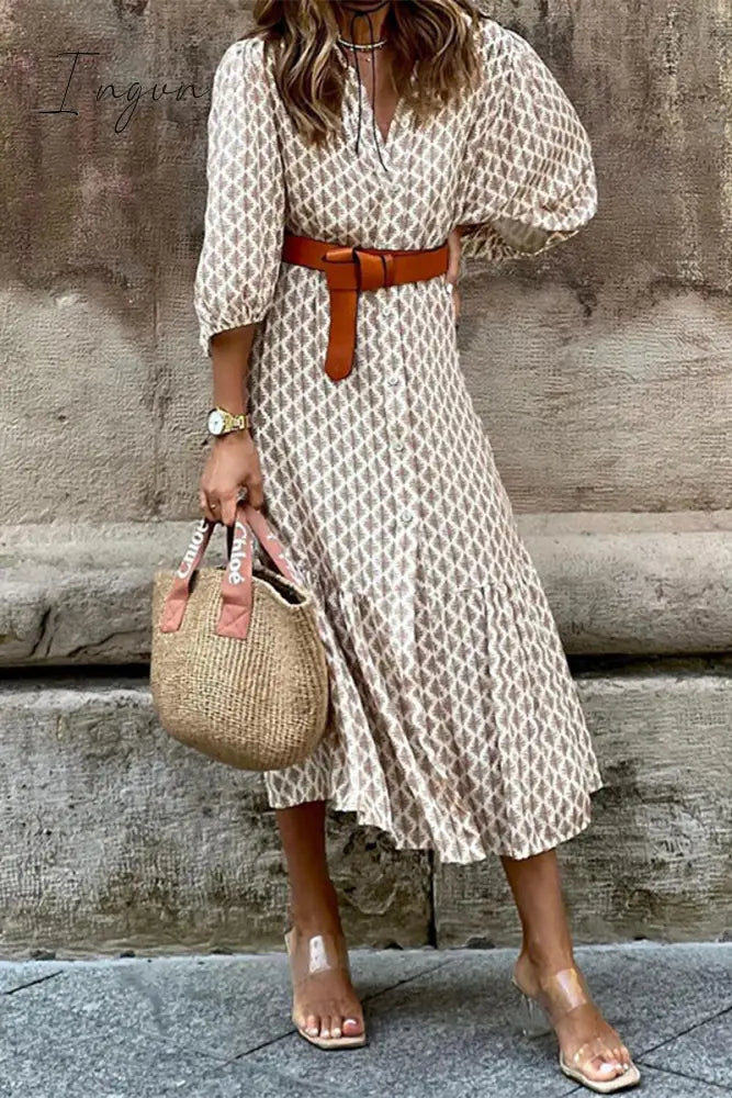 Ingvn - Elegant Floral With Belt V Neck A Line Dresses Khaki / S Dresses/Casual