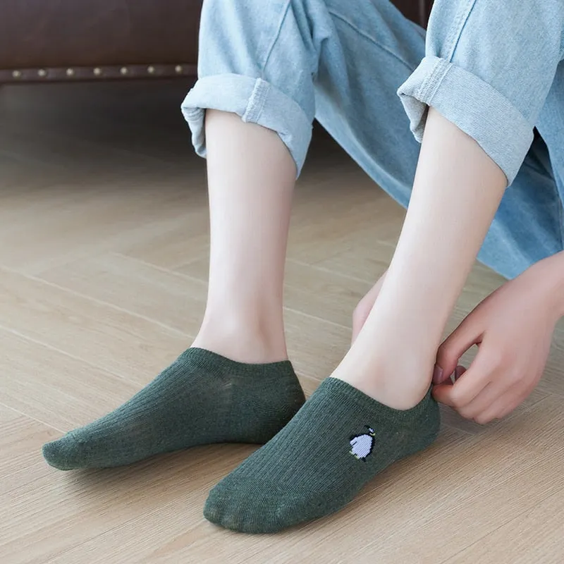 5 Pairs Kawaii Animal Print Women Socks Set Invisible Happy Fashion Ankle Funny Socks Set Girl Cotton Summer Slicone Non-slip