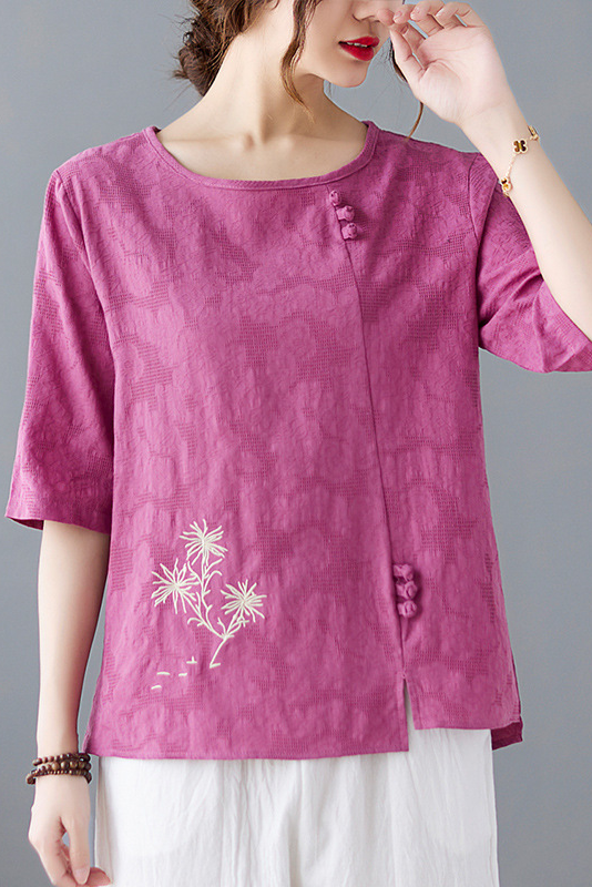 Plus Size-Summer Embroidered Cotton T-Shirt Loose Mid Sleeve Tops