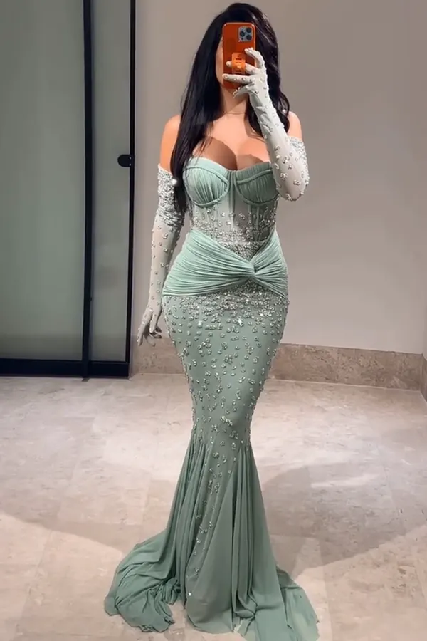 sage green mermaid prom dress Sage Green Satin Mermaid Prom Dress with Cutout & High Slit – SS174 –  Viniodress main image 0