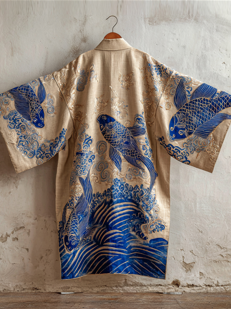 Japanese-style Blue Koi Gold-plated Art Cotton Linen Kimono  artssus
