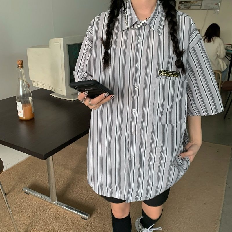2023 Retro Half for Short Sleeved Shirt Korean Loose Trend Vintage Clothes Top Women Shirts & Blouses