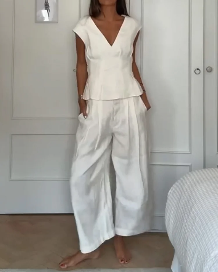V-neck casual solid color two-piece suit