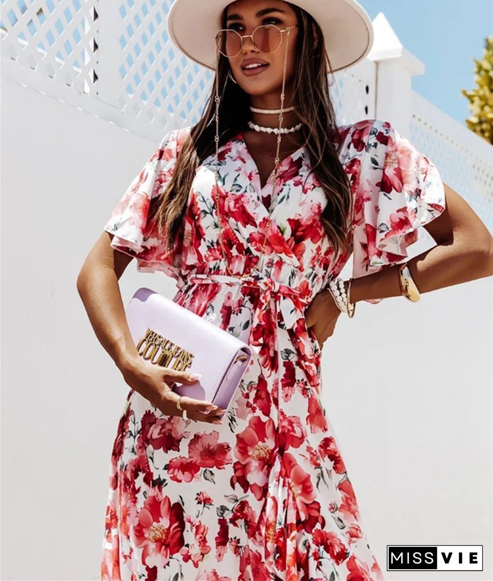 Trendy Print V-neck Lace-up Flounced Irregular Maxi Dress