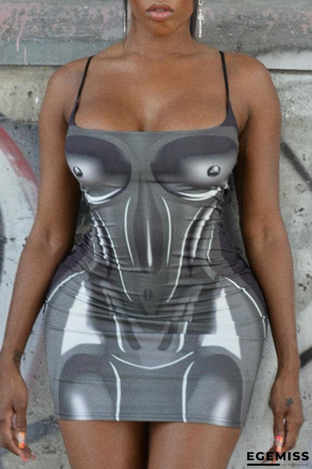 Grey Sexy Print Patchwork Spaghetti Strap Pencil Skirt Dresses | EGEMISS