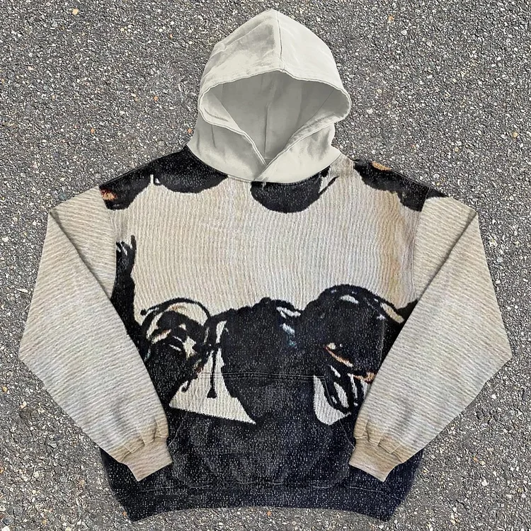 Trendy Retro Vintage Streetwear Print Graphic Tapestry Knit Hooded Sweater