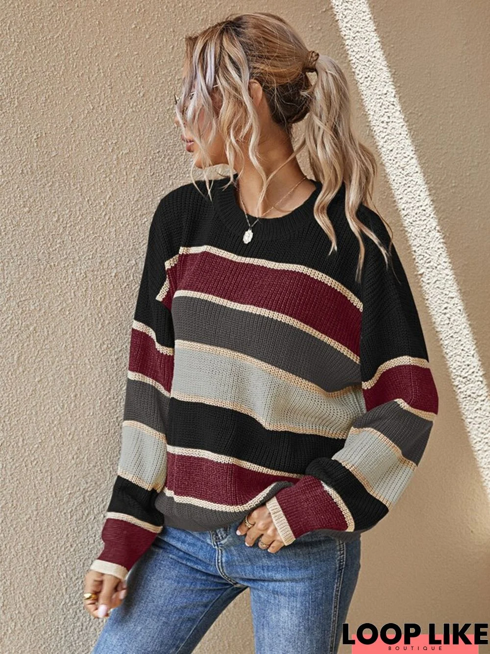 Commuter Striped Crew Neck Knitted Sweater