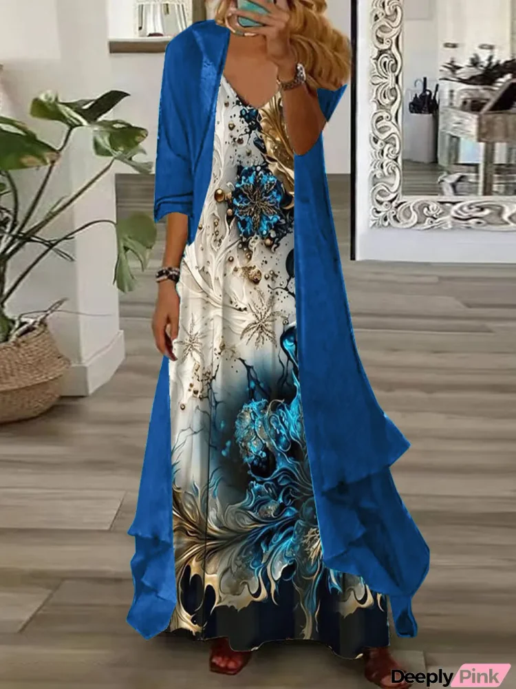 Women's Half Sleeve V-neck Floral Printed Two Pieces Maxi Dress