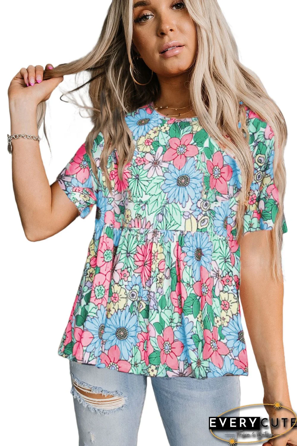 Green Bohemian Flower Print Flowy Short Sleeve Top