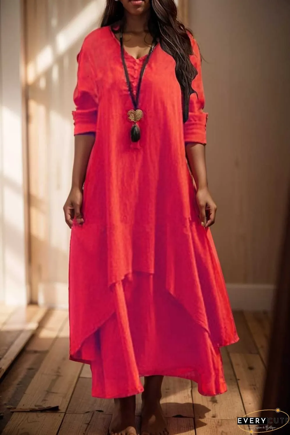 women s plus size casual dress swing dress solid color long dress maxi dress long sleeve button two piece v neck