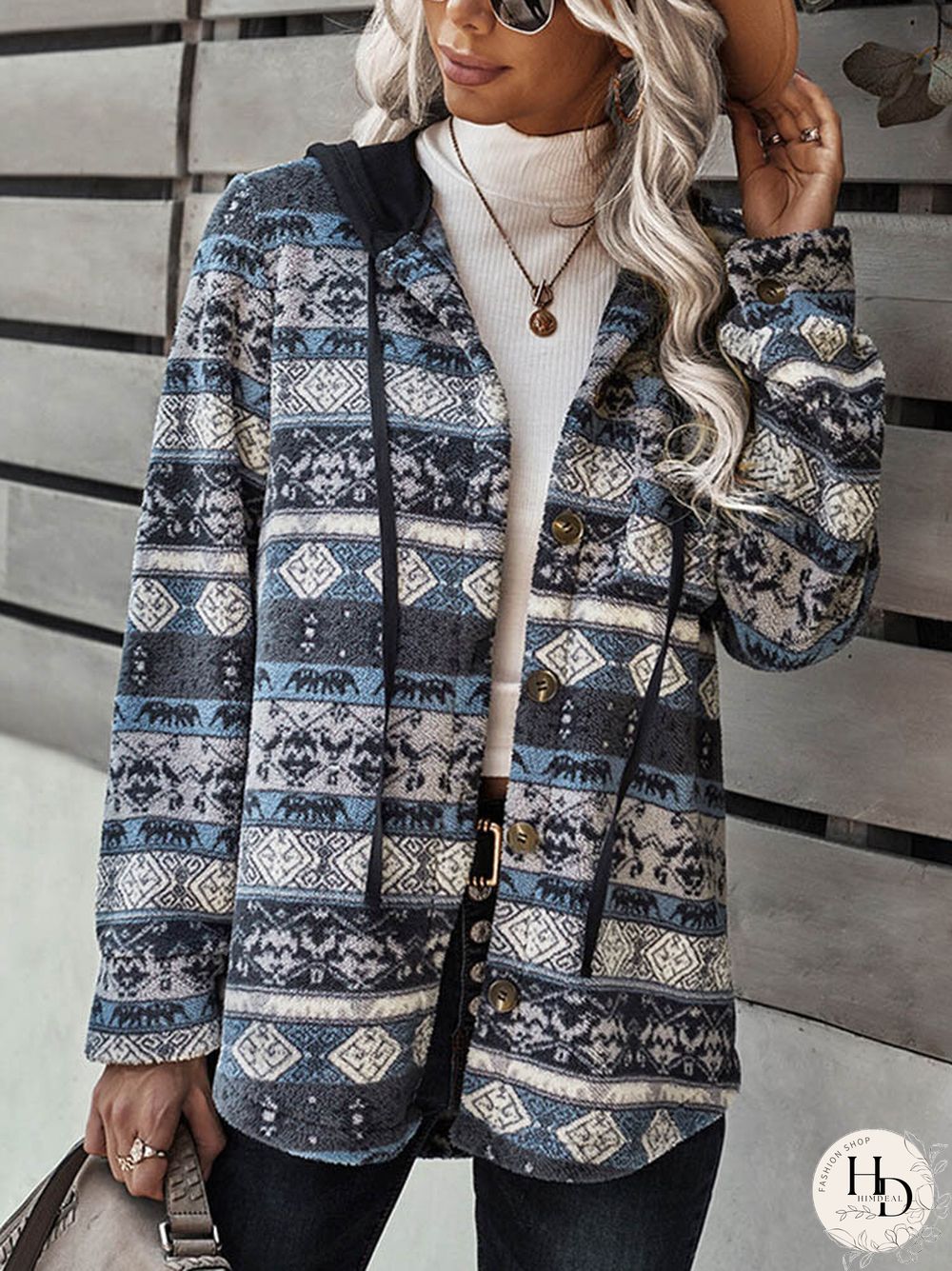 Tribal Pattern Hooded Button Pocket Plush Coat