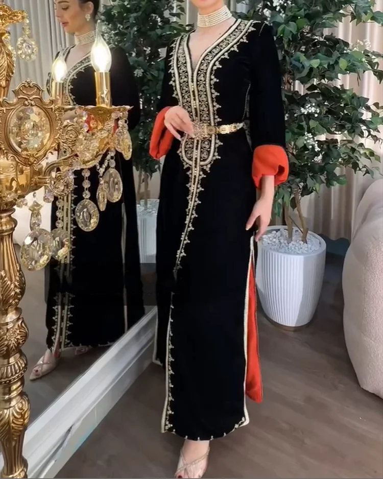 Women's Long Sleeve V-Neck Embroidered Dress