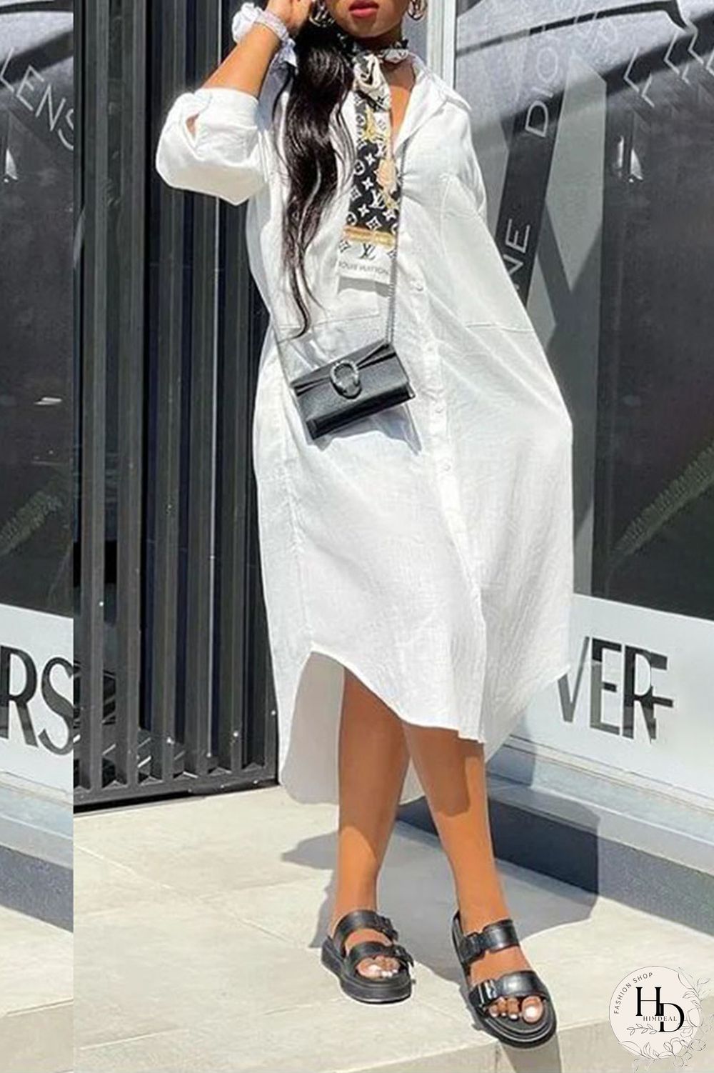 White Casual Solid Split Joint Buckle Turndown Collar Shirt Dress Dresses