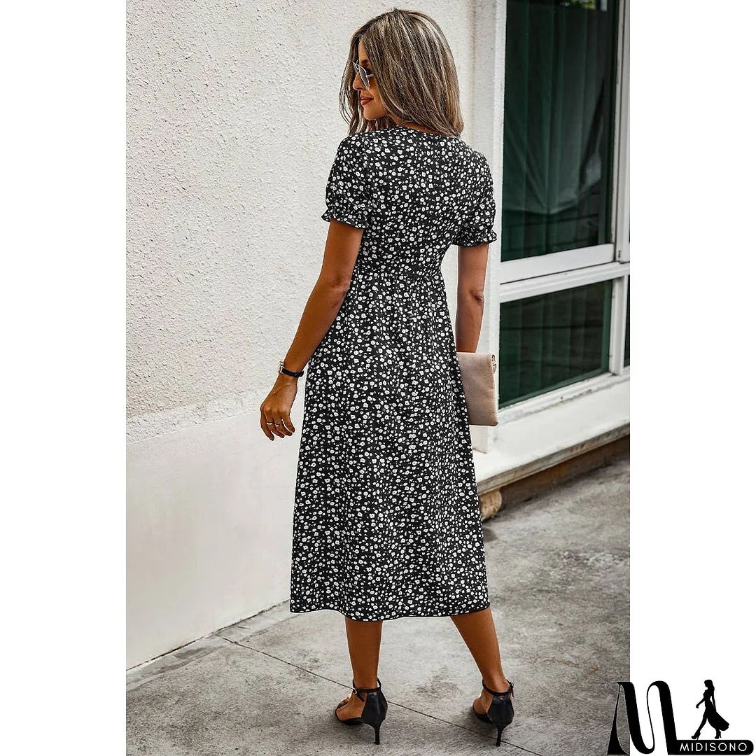 MidiSono - Floral Print Round Neck Color Block High Waist Fit Dress