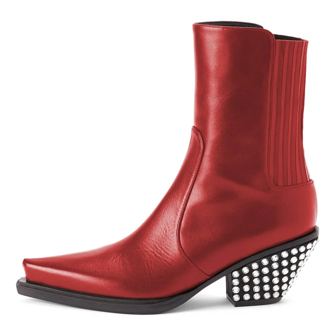 Vegan Leather Rhinestone Red Pointed Toe Cowgirl Boots for Women
