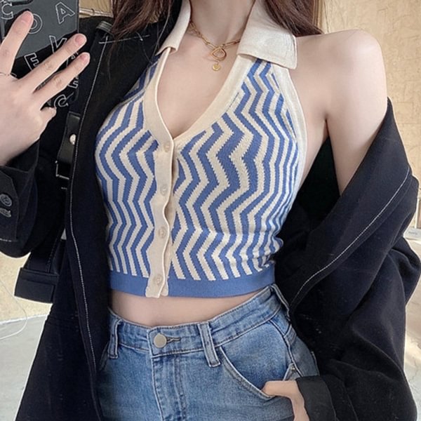 Streetwear Fashion Striped Halter Knitted Vest for Women Backless Slim Outfits Female Tank Tops Summer - Shop Trendy Women's Clothing | LoverChic