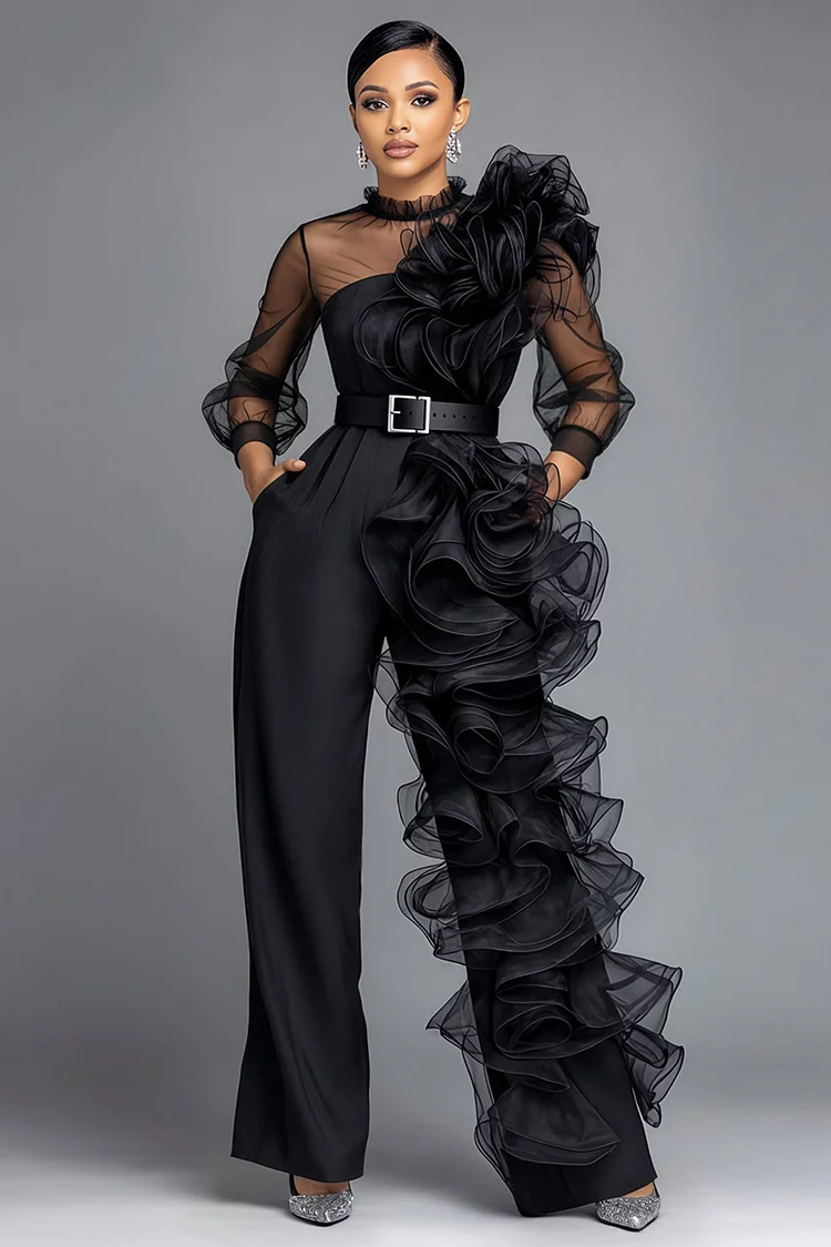 Xpluswear Design Plus Size Party Organza Black Round Neck 3/4 Sleeve Ruffle Pocket Satin Jumpsuits [Pre-Order] 2024 - Xpluswear