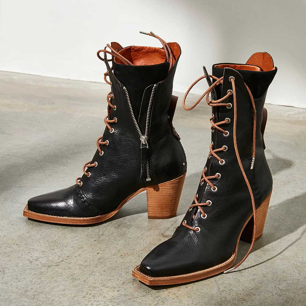Black Square Toe Chunky Heel Vintage Lace Up Ankle Boots Nicepairs