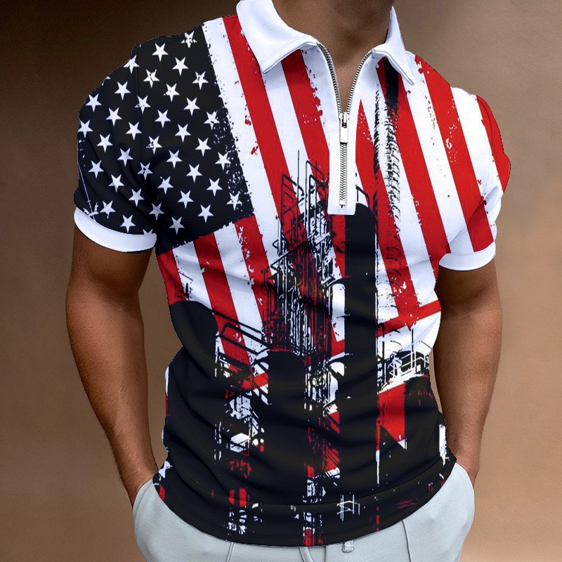 Men's Independence Day printed short sleeved zippered polo shirt PLUSCLOTHESMAN