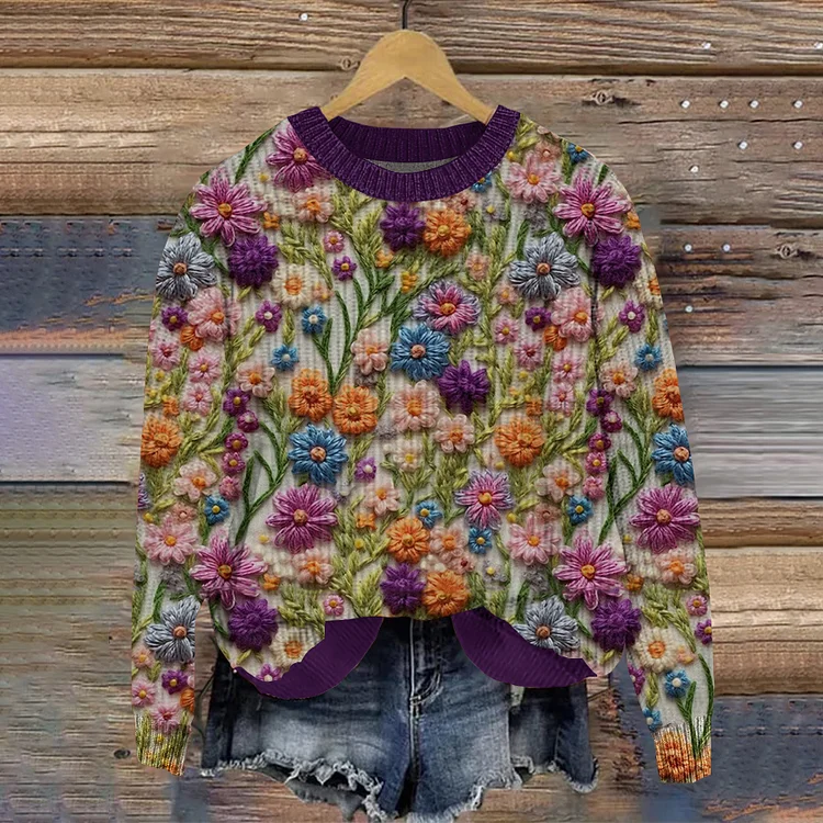 VChics Floral Art Color Block Round Neck Casual Comfy Sweater