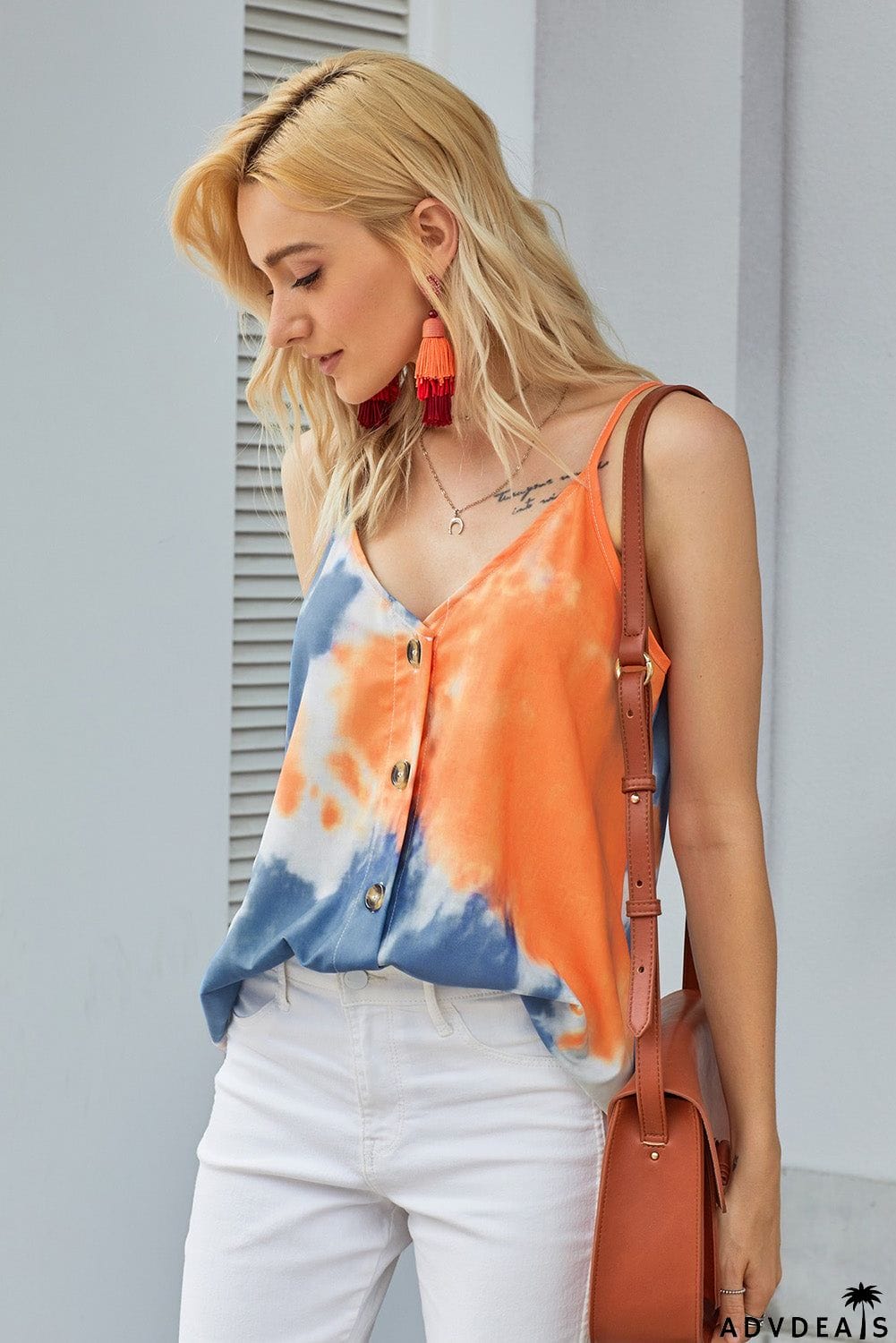 Summer Orange Tie Dye Spaghetti Strap Buttoned Tank Top