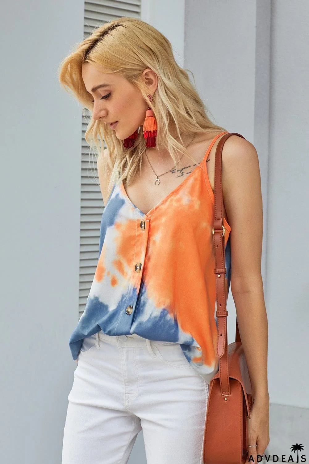 Summer Orange Tie Dye Spaghetti Strap Buttoned Tank Top