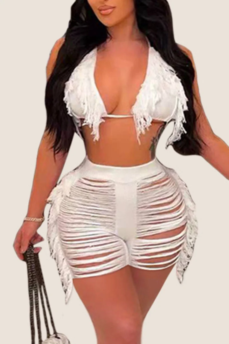 White Sexy Solid Tassel Bandage Hollowed Out Patchwork Swimwears | EGEMISS