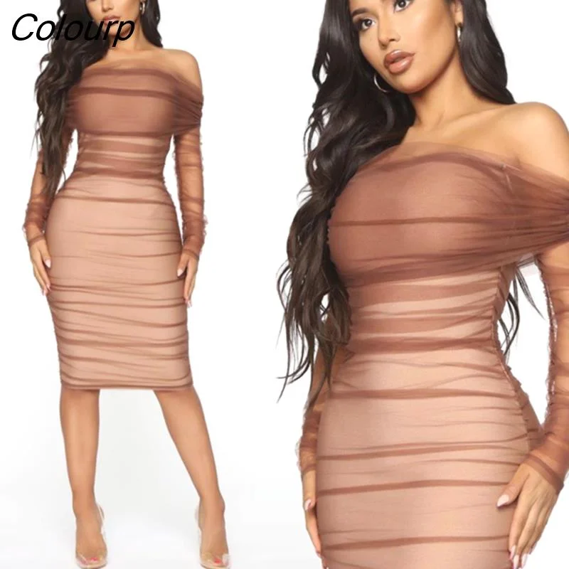 Colourp Quality Brown Mesh Sleeve Off The Shoulder Rayon Bandage Dress Elegant Club Party Dress