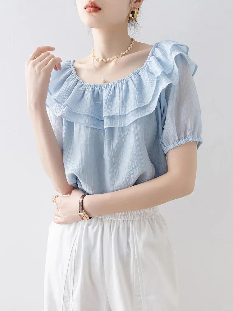 Light Blue Ruffle Off-Shoulder Blouse