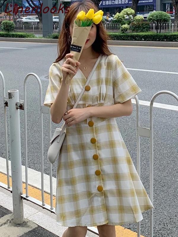 Fashion v-neck short sleeve plaid dress