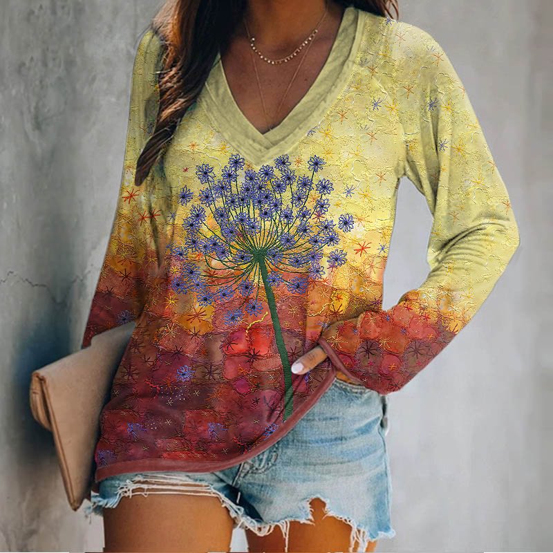 V-neck Dandelion Painting Casual T-shirt