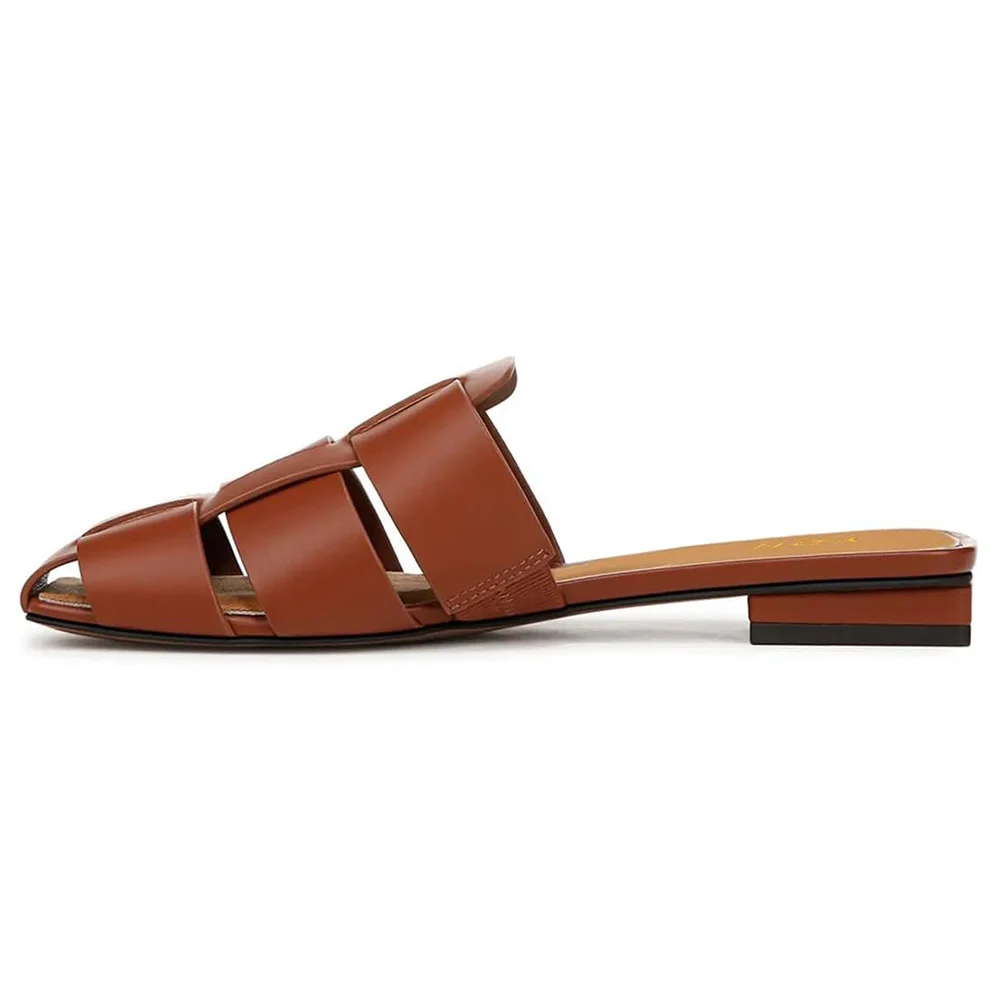 Brown Vegan Leather Woven Detail Flat Mules Shoes with Square Toe