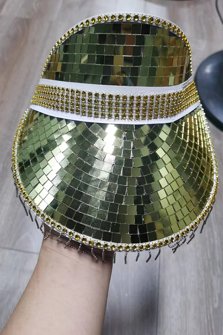 Square Sequin Plaid Rhinestone Metal Tassels Sunhat