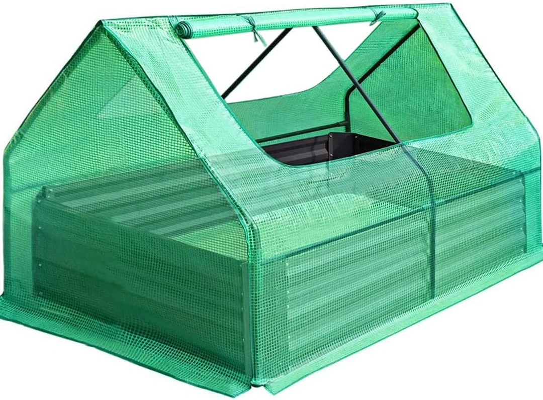  6x3x1ft Galvanized Raised Garden Bed with Cover Metal Planter Box Kit, w/ 2 Large Screen Windows Mini Greenhouse 20pcs T Tags 1 Pair of Gloves Included Outdoor Growing Vegetables