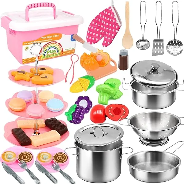 Kids Kitchen Toy Accessories, Christmas Gifts, Pretend Cooking Playset with Stainless Steel Play Pots and Pans, Dessert Set for Kids, Play Food Set, Toy Vegetables, Birthday Gift for Girls Boys