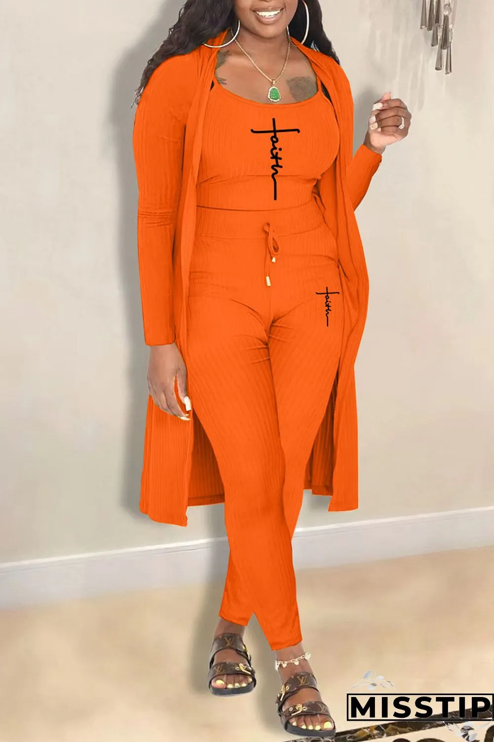 Orange Casual Print Patchwork U Neck Long Sleeve Two Pieces