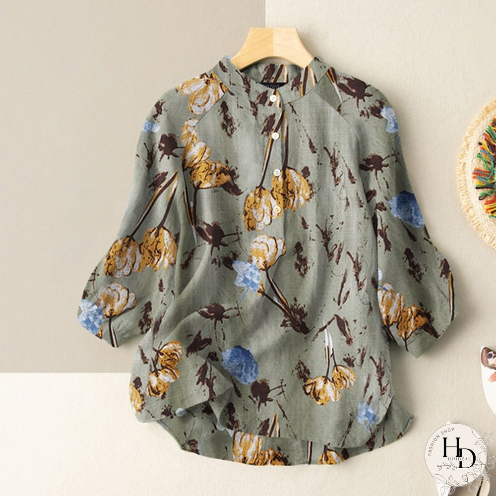 Womens Vintage Cotton Casual Loose Shirt Tee Floral Printed Tops Blouse T-Shirts Plus Size