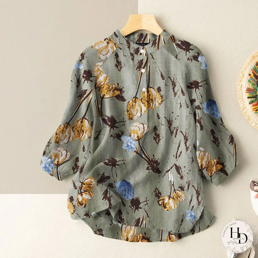 Womens Vintage Cotton Casual Loose Shirt Tee Floral Printed Tops Blouse T-Shirts Plus Size