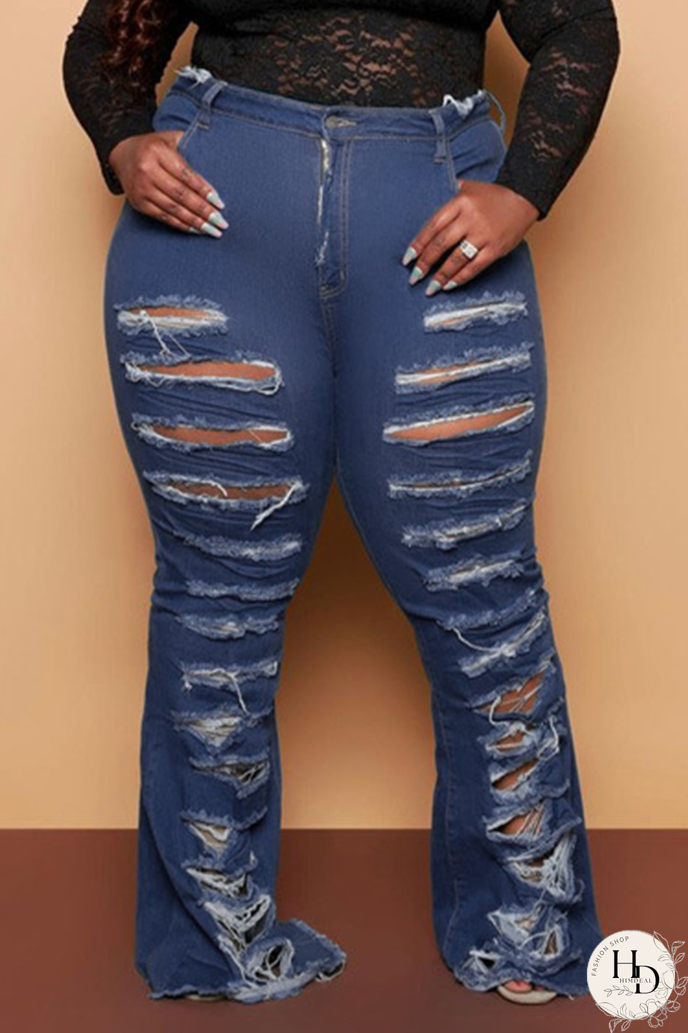 Baby Blue Casual Solid Ripped Plus Size Jeans