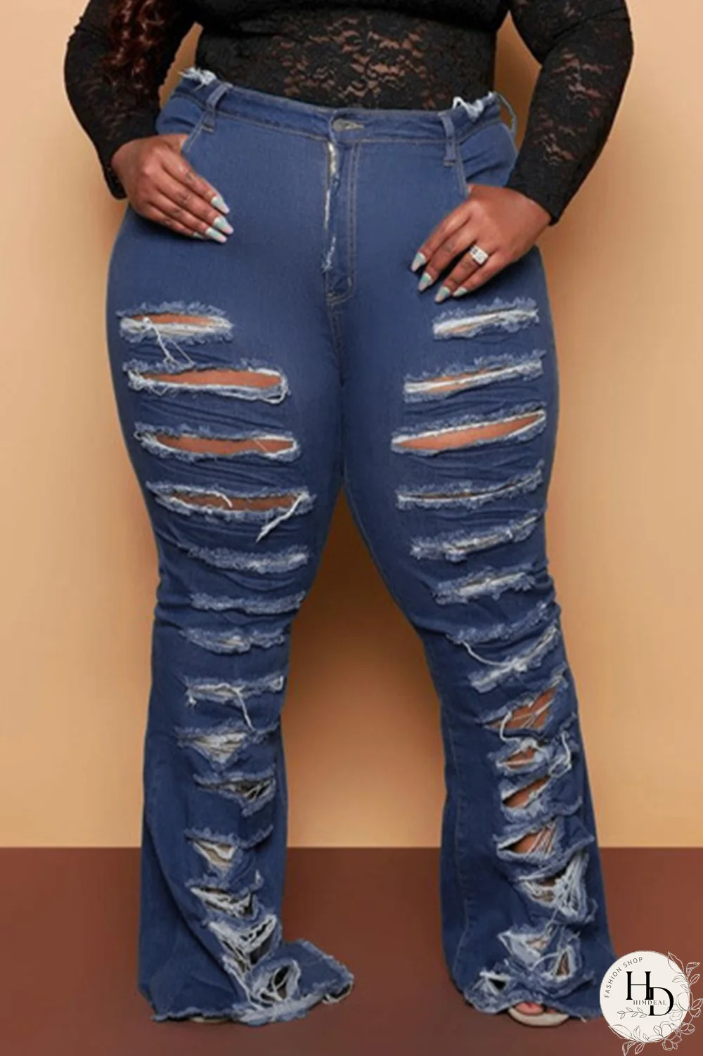 Baby Blue Casual Solid Ripped Plus Size Jeans