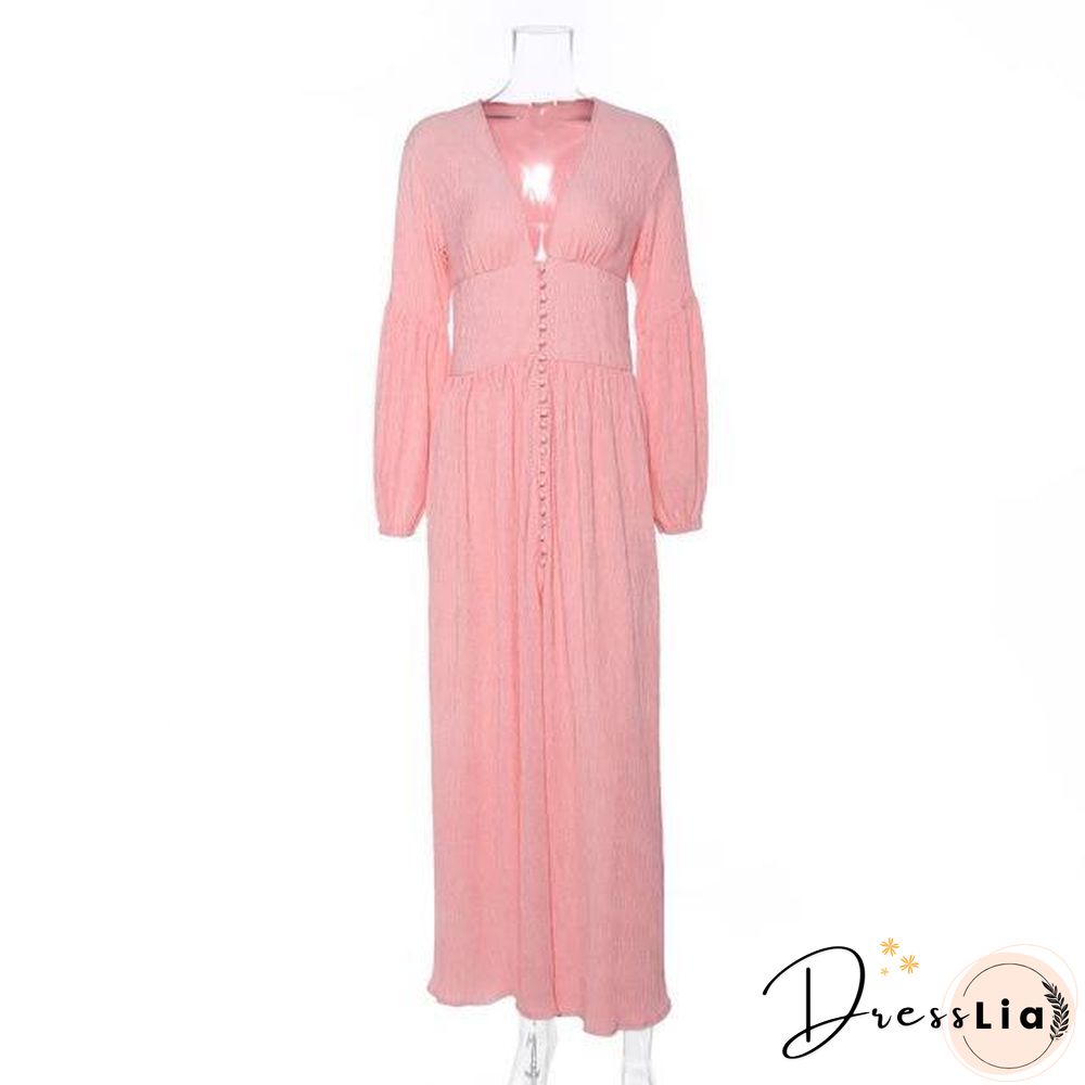 Casual Button UpLong Summer Dress Long Sleeve Vintage Deep V Neck Maxi Dresses Robe White Boho Beach Dress Vestidos New