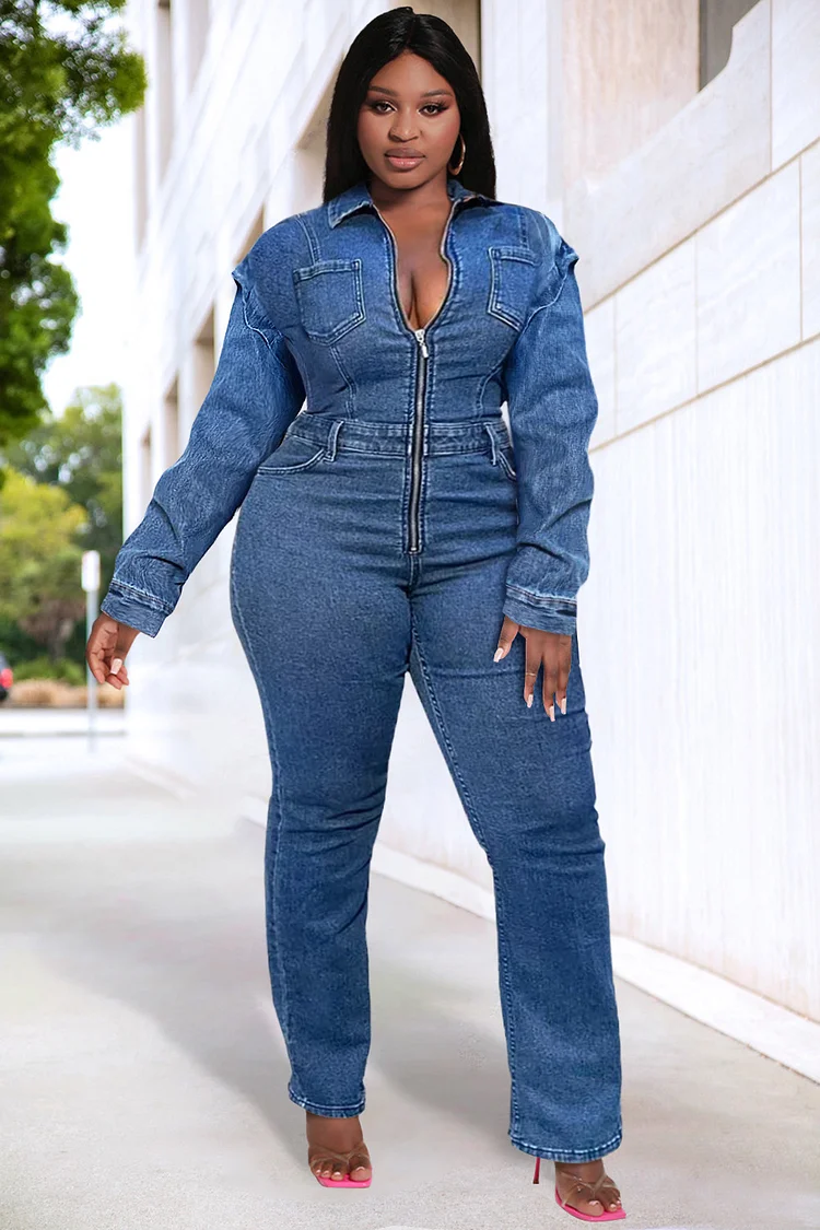 Plus Size Daily Jumpsuit Blue Long Sleeve Denim Zip Jumpsuit [Pre-Order]