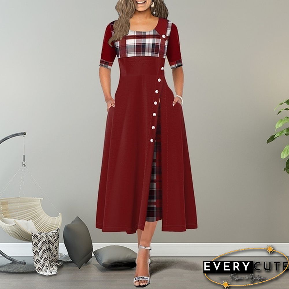 Women's Fashion Half Sleeve Elegant Long Dress Plaid Print Button Detail Maxi Dress Plus Size Xs-5Xl